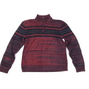 Method Men Sweater L Red Black Knit Pullover Nordic Fair Isle Half Zip Fisherman